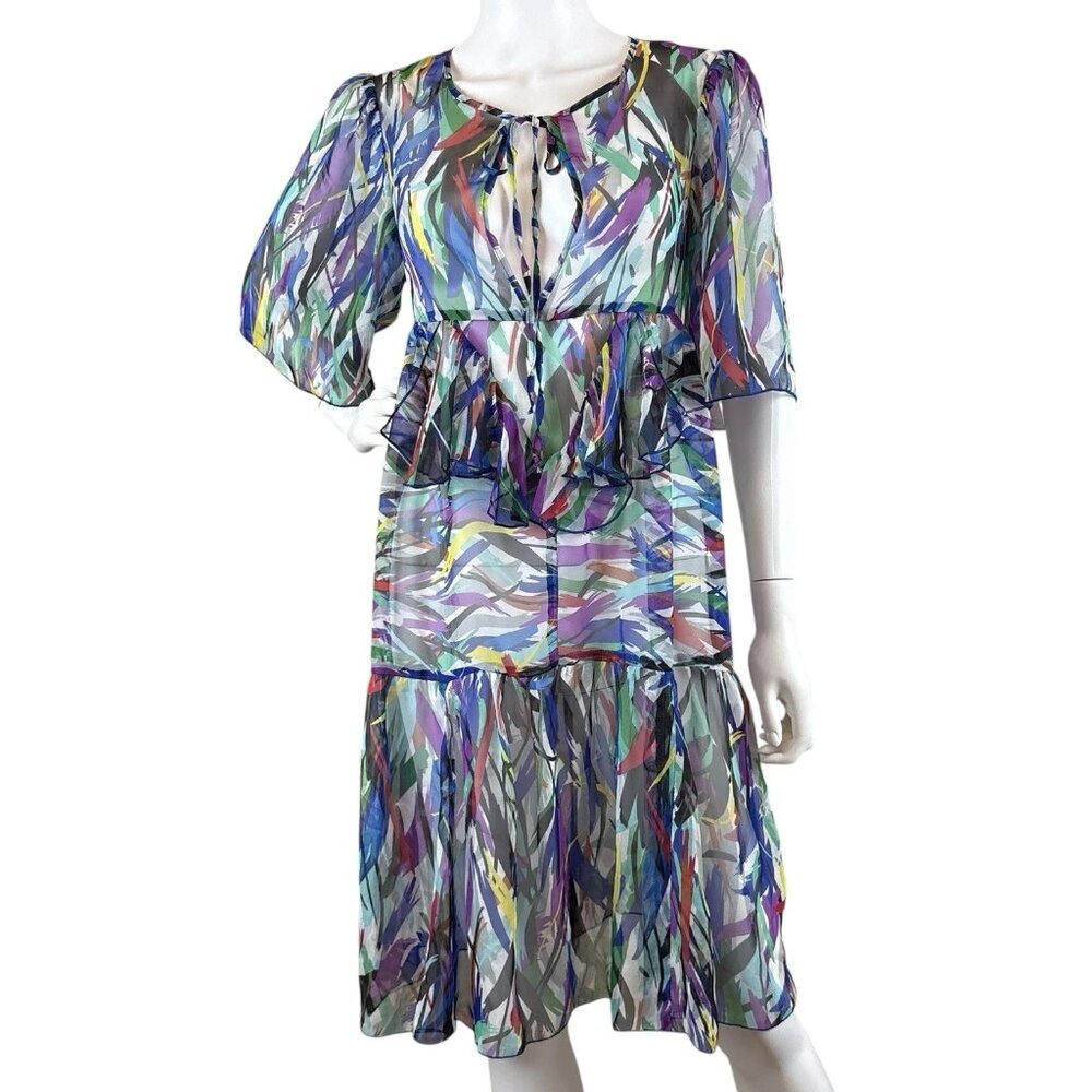 GuyBaxter Abstract Print Plunge Sheer Unlined Art Wear Dress Multicolor Size 6